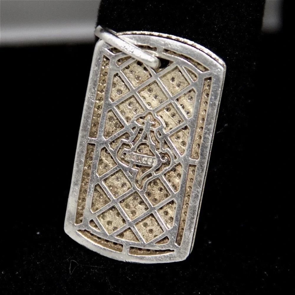 Adracci 925 Sterling Silver Iced Out Dog Tag Pendant Diagonal Pave Stone Charm